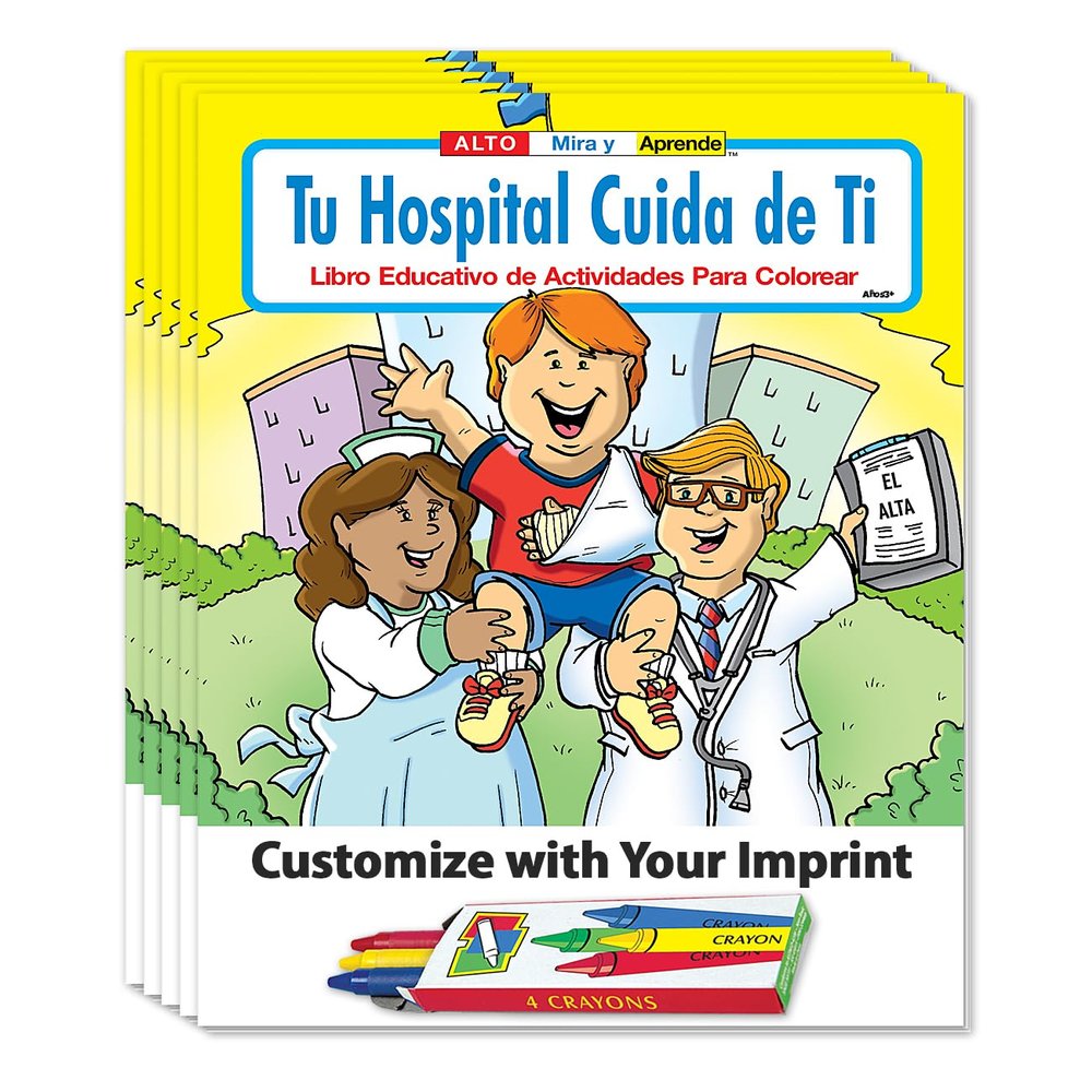 ZOCO Your Hospital Cares About You (in Spanish) Custom Promotional Coloring Books (250 Bulk Pack, with Crayons) Educational Games, Puzzles, Activities for Kids