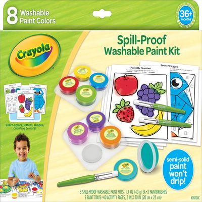 Crayola Spill Proof Paint Set (8ct), Stocking Stuffer & Holiday Gifts for Toddlers, Washable Toddler Paint Kit, With Brushes, Pots, Activity Pages, Ages 3+