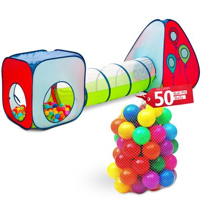Kiddey 3-in-1 Kids Pop-Up Play Tent, Crawl Tunnel, & Ball Pit Set with 50 Play Balls - 3 Piece Durable Pretend Playhouse Tent for Boys, Girls, Toddlers & Pets - Indoor & Outdoor with Carry Case
