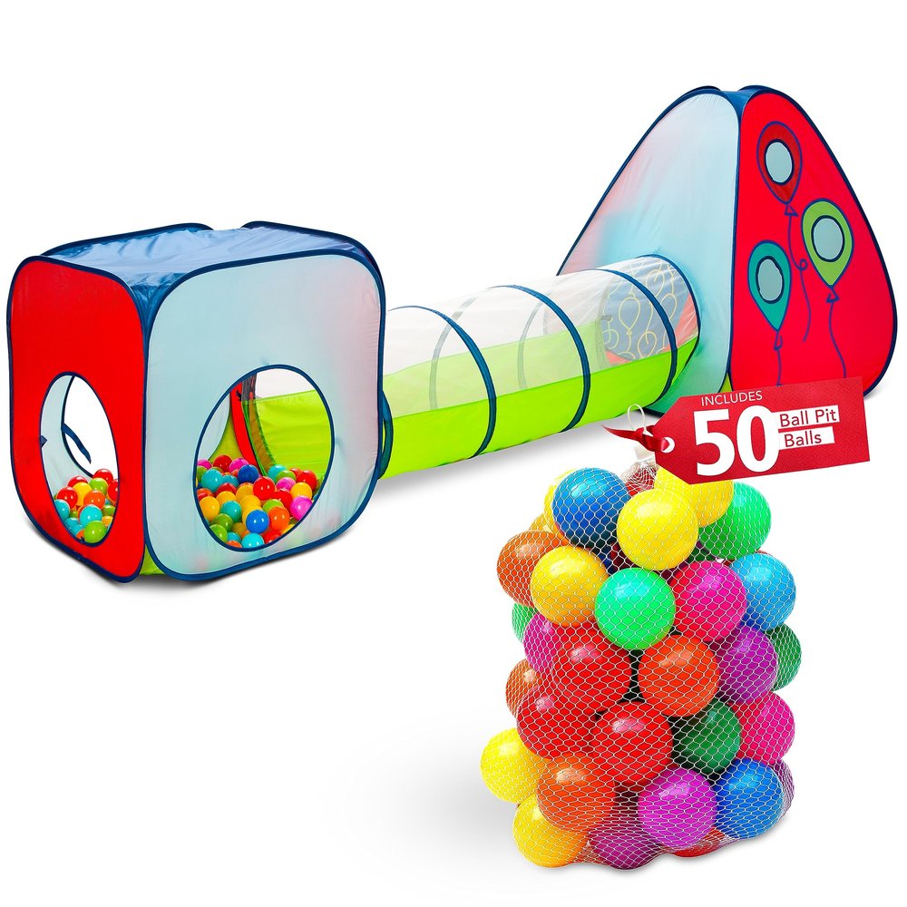 Kiddey 3-in-1 Kids Pop-Up Play Tent, Crawl Tunnel, & Ball Pit Set with 50 Play Balls - 3 Piece Durable Pretend Playhouse Tent for Boys, Girls, Toddlers & Pets - Indoor & Outdoor with Carry Case