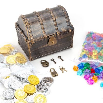 AiFanS Treasure Chest for Kids Prizes,Plastic Treasure Chest with 320 Treasure Gold Coins and Gems/Jewels- Perfect for Pirate Themed Parties and Games