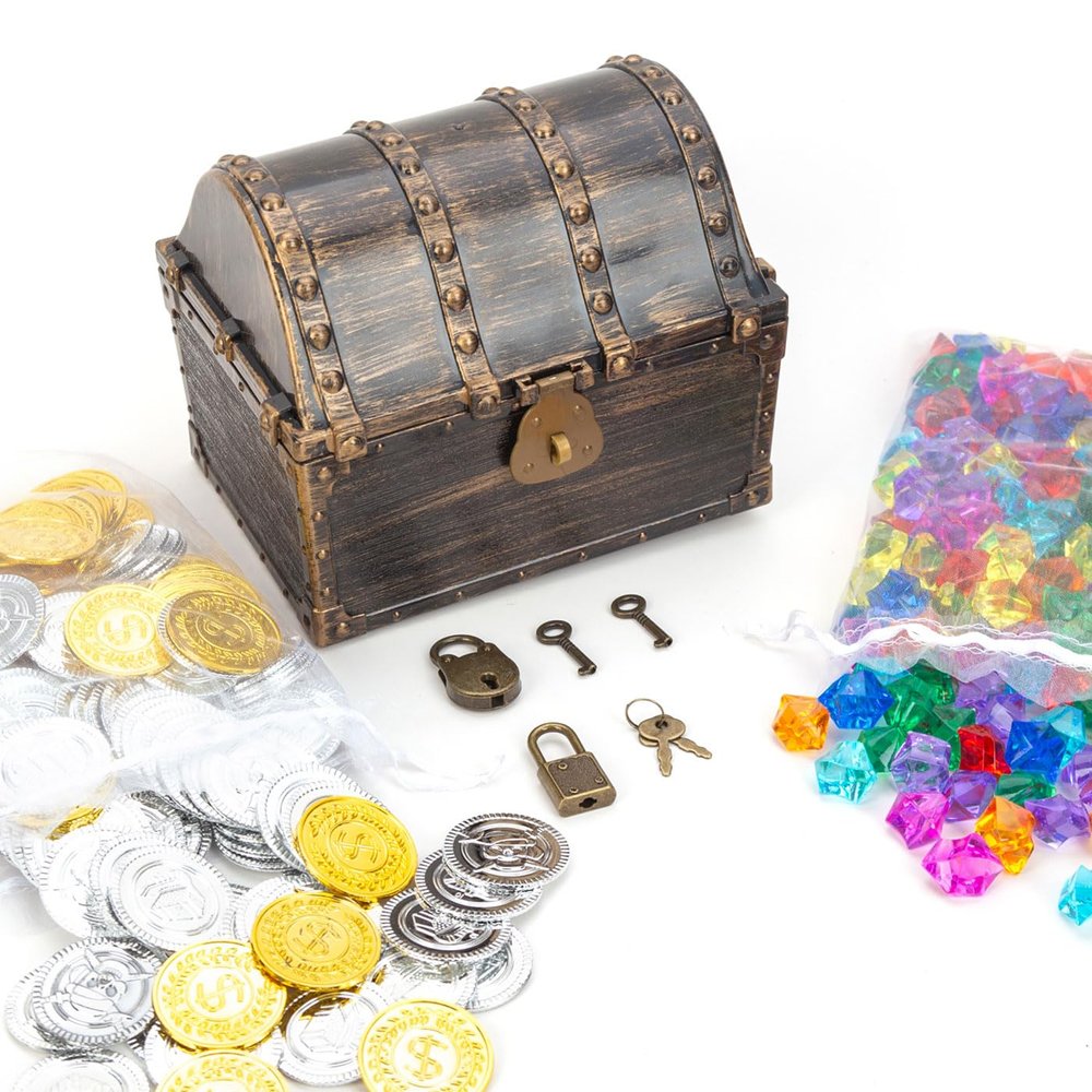 AiFanS Treasure Chest for Kids Prizes,Plastic Treasure Chest with 320 Treasure Gold Coins and Gems/Jewels- Perfect for Pirate Themed Parties and Games