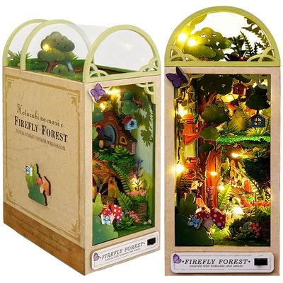 3D Wooden Book Stand Puzzle DIY Dollhouse Wood Bookends Book Nook Model Building Kit with LED Light for Teens and Adults to Build-Creativity Gift for Birthdays Christmas Halloween