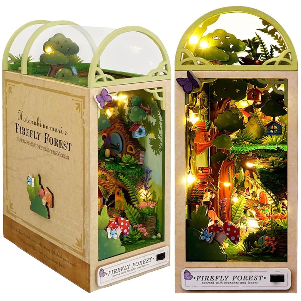 3D Wooden Book Stand Puzzle DIY Dollhouse Wood Bookends Book Nook Model Building Kit with LED Light for Teens and Adults to Build-Creativity Gift for Birthdays Christmas Halloween
