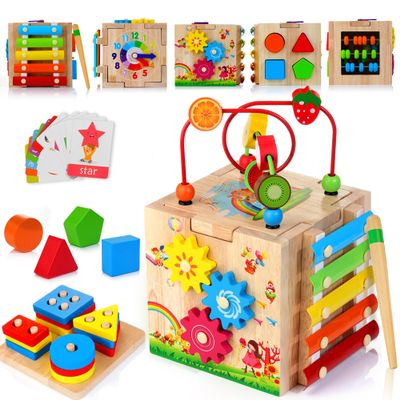HELLOWOOD 8-in-1 Wooden Activity Cube for Kids, Sorting & Stacking Toys Shape Match Xylophone Montessori Learning Toy STEM Value Pack Gift for Boys Girls Toddlers-Light Pink Packaging