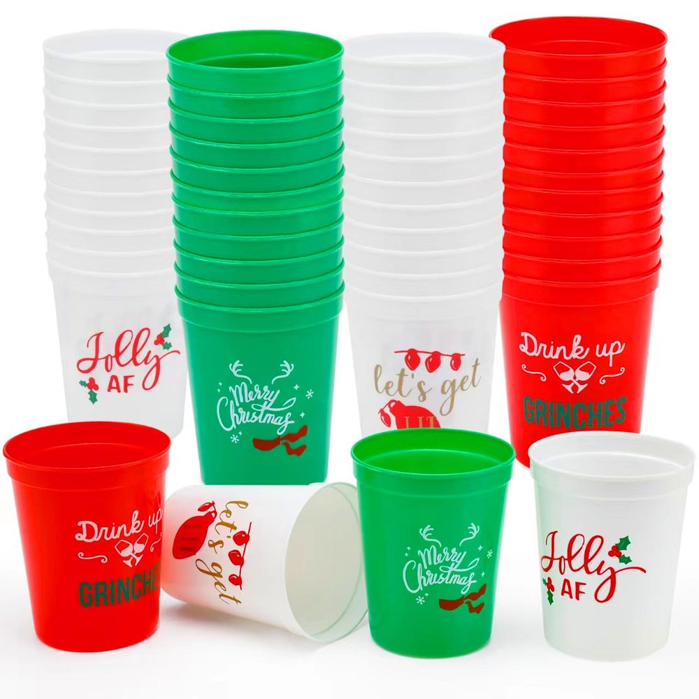 Ainibar 24 Pack Christmas Party Cups - 16oz Reusable Red, Green & White Plastic Stadium Cups with 4 Festive Pun Designs, Ideal for Holiday Celebrations