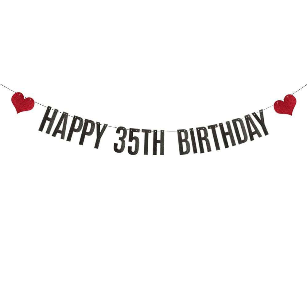 ABCpartyland Black Glitter Happy 35th Birthday Banner,35th Birthday Party Decorations Supplies, Pre-Strung,Letters Black,HAPPY 35TH BIRTHDAY