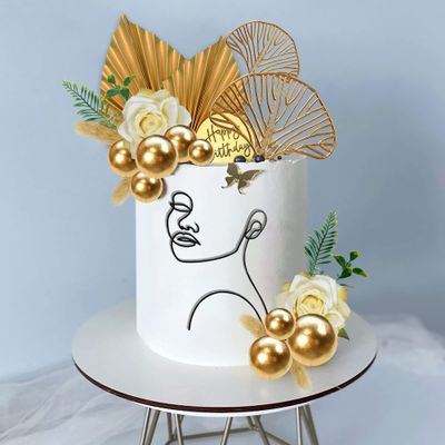 20 PCS Abstract Minimalist Art Lady Face Lines Cake Toppers Boho Flower Ginkgo Leaves Cake Decorations for Women Birthday Wedding Boho Themed Supplies (Gold)