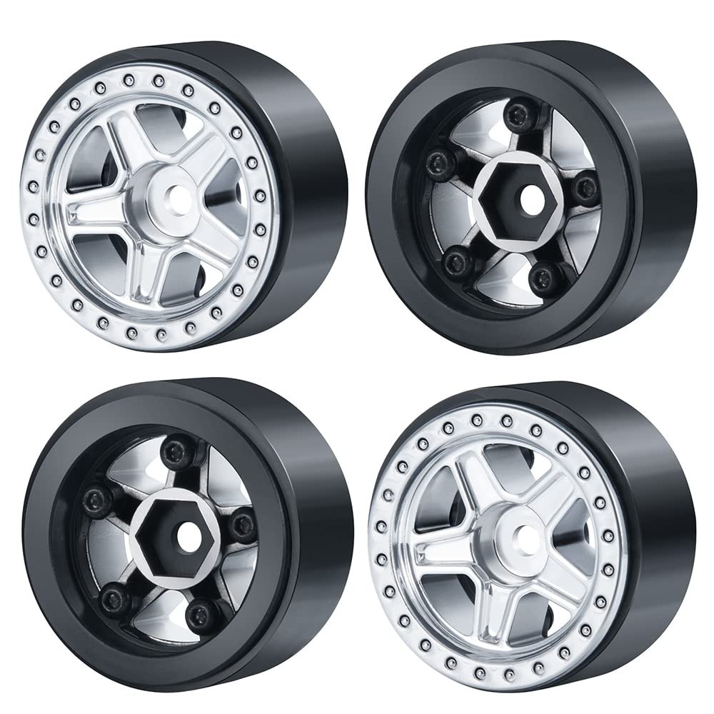 WEFEINO 4Pcs Plastic SCX24 Wheels 5-Spokes Hub 1.0" Micro Beadlock Wheels for 1/24 Axial SCX24 Deadbolt RC Car (Silver)