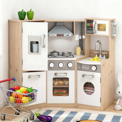 Costzon Kids Kitchen Playset, 9-in-1 Wooden Pretend Play Kitchen w/Realistic Light & Sound, Ice Maker, Washing Machine, Microwave & Stove, Toddler Kitchen Toy Set for Boys & Girls