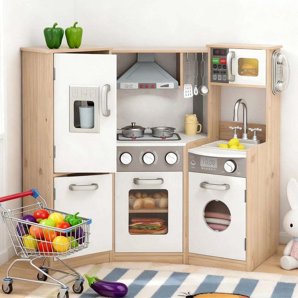 Costzon Kids Kitchen Playset, 9-in-1 Wooden Pretend Play Kitchen w/Realistic Light & Sound, Ice Maker, Washing Machine, Microwave & Stove, Toddler Kitchen Toy Set for Boys & Girls