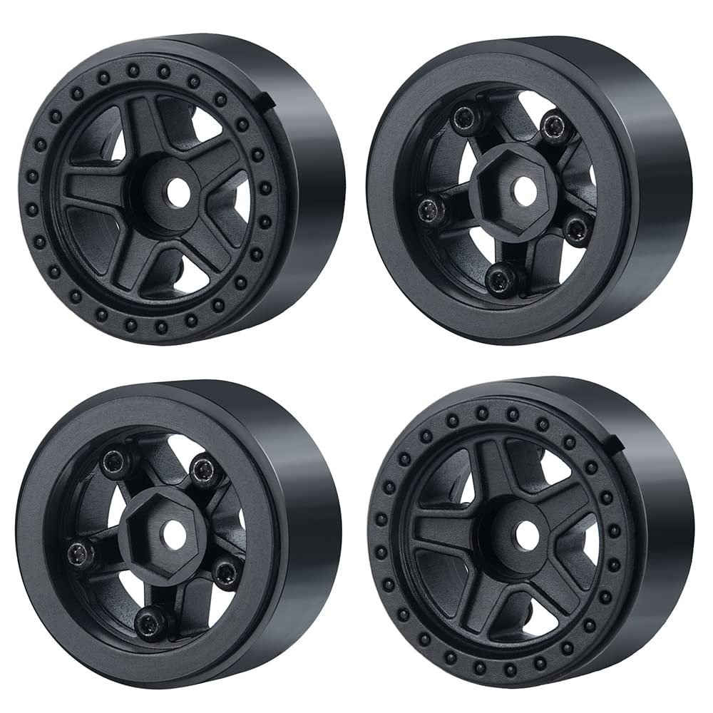 WEFEINO 4Pcs Plastic SCX24 Wheels 5-Spokes Hub 1.0" Micro Beadlock Wheels for 1/24 Axial SCX24 Deadbolt RC Car (Black)