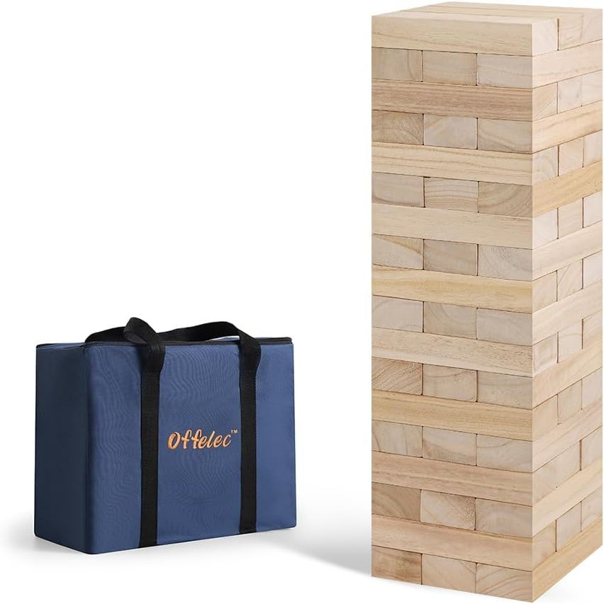 Offelec Giant Tumbling Tower Game with Carry Bag - 54 Jumbo Wooden Stacking Blocks for Indoor Outdoor Yard Games, Large Tower Stacking Grows to Over 4 FT Tall - Family Party Toy for Kids & Adults