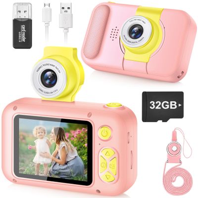 ARNSSIEN Kids Camera, Toddlers Digital Toy Camera with 180 Flip Lens, 2.4 Inch IPS Screen, 32 GB Card, Birthday Festival Present for 3 4 5 6 7 8 9 10 11 12 Year Old Girls & Boys, X101 (Pink)