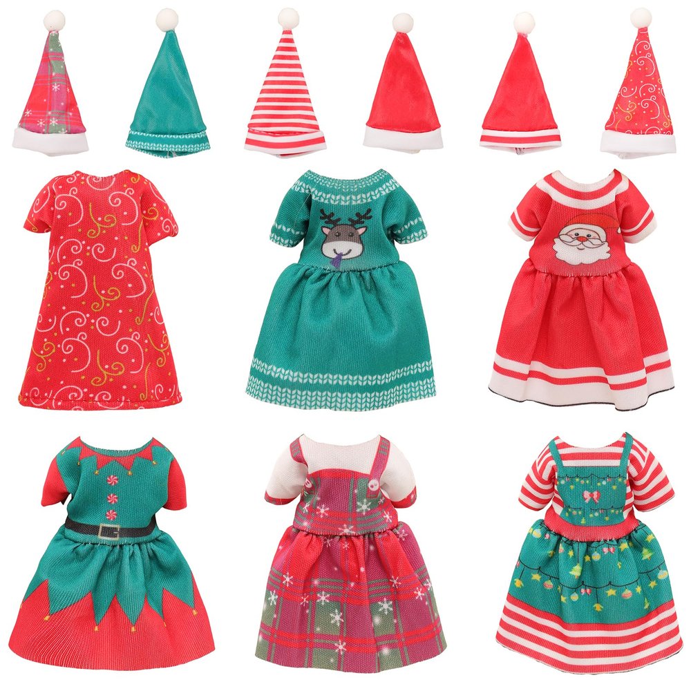 Miunana 6 Dresses for 5.3 Inch Girl Doll Christmas Clothes Dress Outfits and Christmas Hats for 11.5 Inch Girl Doll Sister 4'' Mini Clothes and Accessories