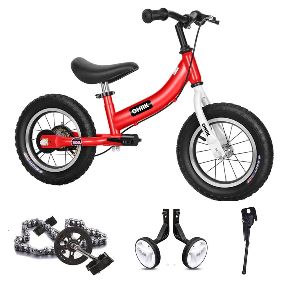 OHIIK Balance Bike 2 in 1 for Kids 2 3 4 5 6 7 Years Old,Balance to Pedals Bike,12 14 16 inch Kids Bike,with Pedal kit,Training Wheels,Brakes (12 inch, Red)