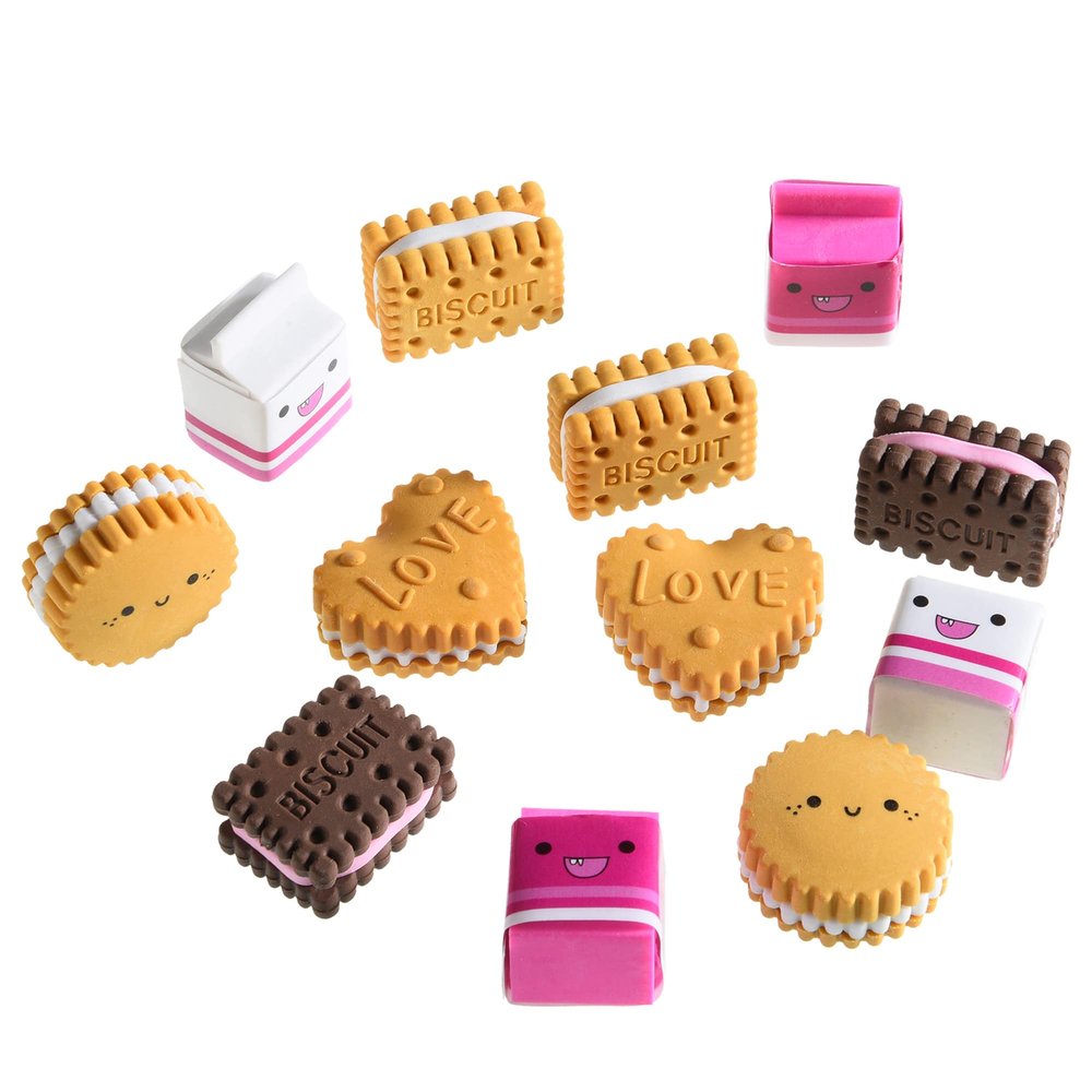 Cookie Erasers for Kids, 12 Pieces 3D Cute Food Puzzle Mini Biscuit Eraser, Cool Fun Take Apart Desk Pet Erasers for Girls