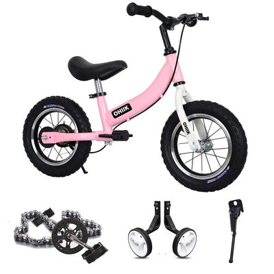 OHIIK Balance Bike 2 in 1 for Kids 2 3 4 5 6 7 Years Old,Balance to Pedals Bike,12 14 16 inch Kids Bike,with Pedal kit,Training Wheels,Brakes (Pink, 12 inch)