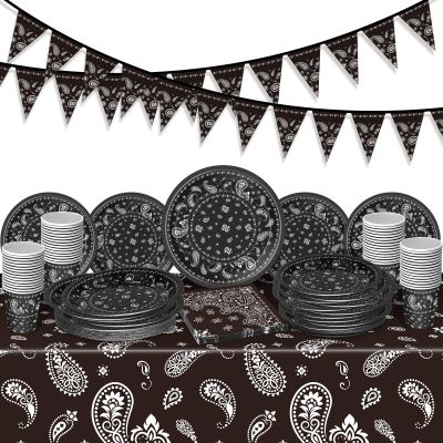 123 Pcs Western Cowboy Party Decoration Include 1 Plastic Paisley Print Tablecloth 2 Bandana Pennant Banner 60 Disposable Paper Plates 30 Cups and 30 Napkins for Western Cowboy Theme Party(Black)
