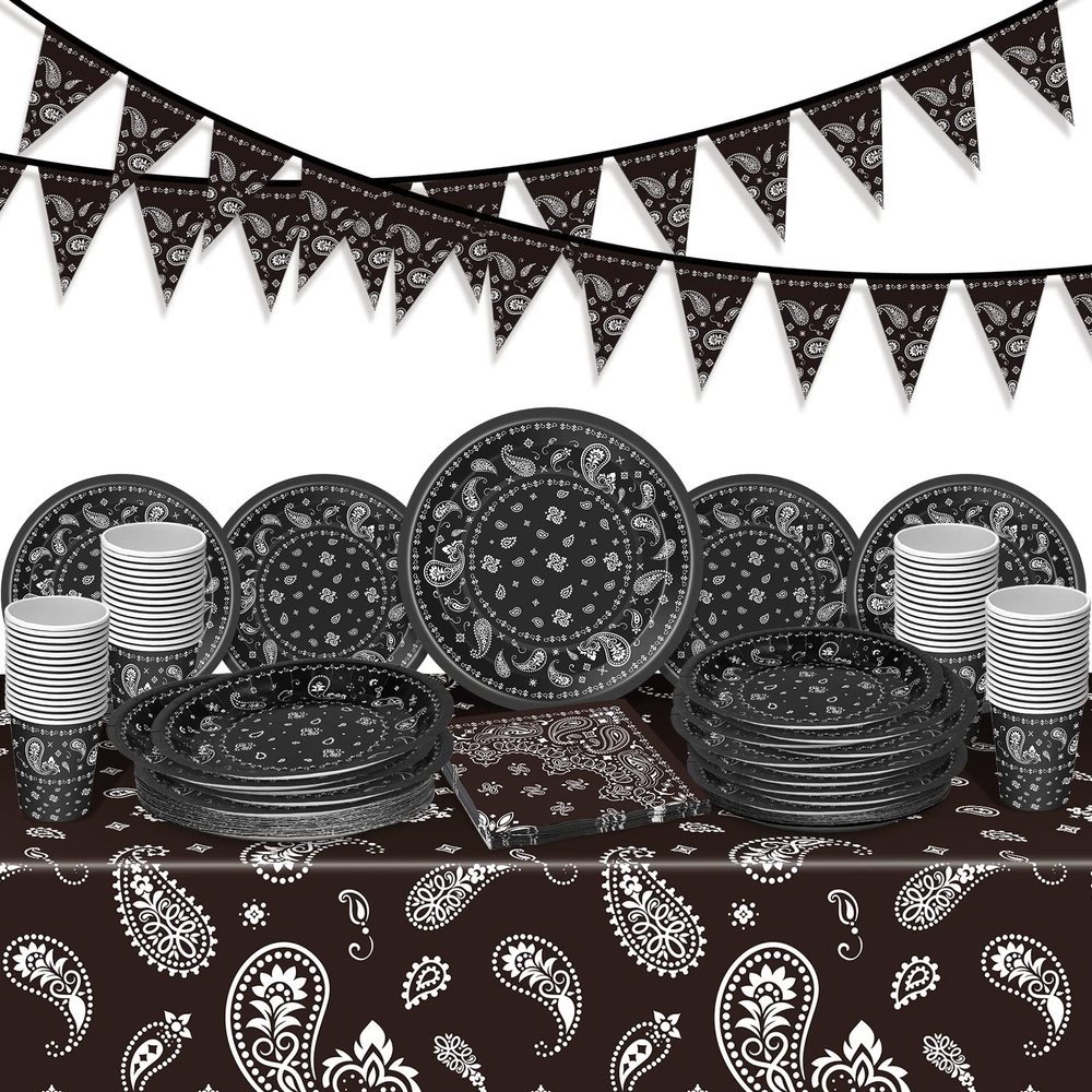 123 Pcs Western Cowboy Party Decoration Include 1 Plastic Paisley Print Tablecloth 2 Bandana Pennant Banner 60 Disposable Paper Plates 30 Cups and 30 Napkins for Western Cowboy Theme Party(Black)