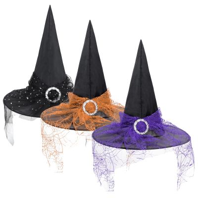 American Trends Women's Witch Hat, One Size, Steeple Lace Sequins Print Hat, Halloween Costume Accessories, Black, Orange, Purple