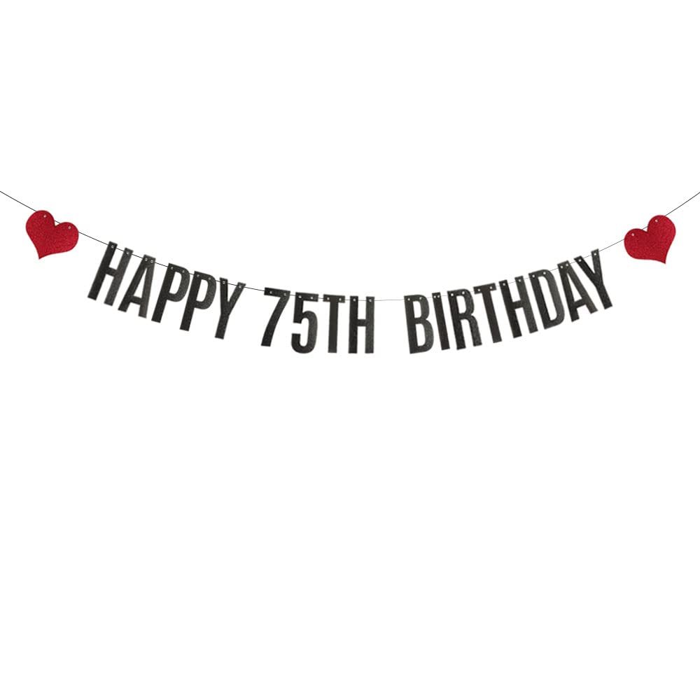 ABCpartyland Black Glitter Happy 75th Birthday Banner,75th Birthday Party Decorations Supplies, Pre-Strung,Letters Black,HAPPY 75TH BIRTHDAY