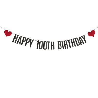 ABCpartyland Black Glitter Happy 100th Birthday Banner,100th Birthday Party Decorations Supplies, Pre-Strung,Letters Black,HAPPY 100TH BIRTHDAY