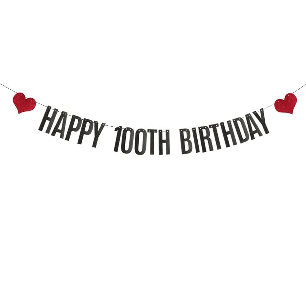 ABCpartyland Black Glitter Happy 100th Birthday Banner,100th Birthday Party Decorations Supplies, Pre-Strung,Letters Black,HAPPY 100TH BIRTHDAY