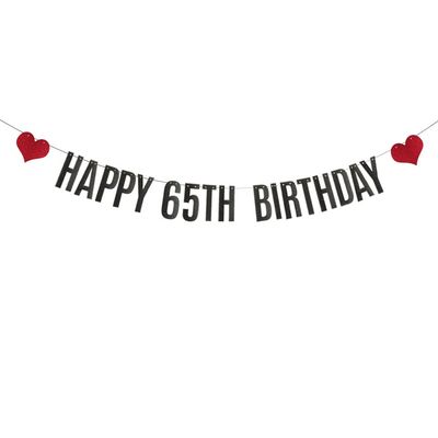 ABCpartyland Black Glitter Happy 65th Birthday Banner,65th Birthday Party Decorations Supplies, Pre-Strung,Letters Black,HAPPY 65TH BIRTHDAY
