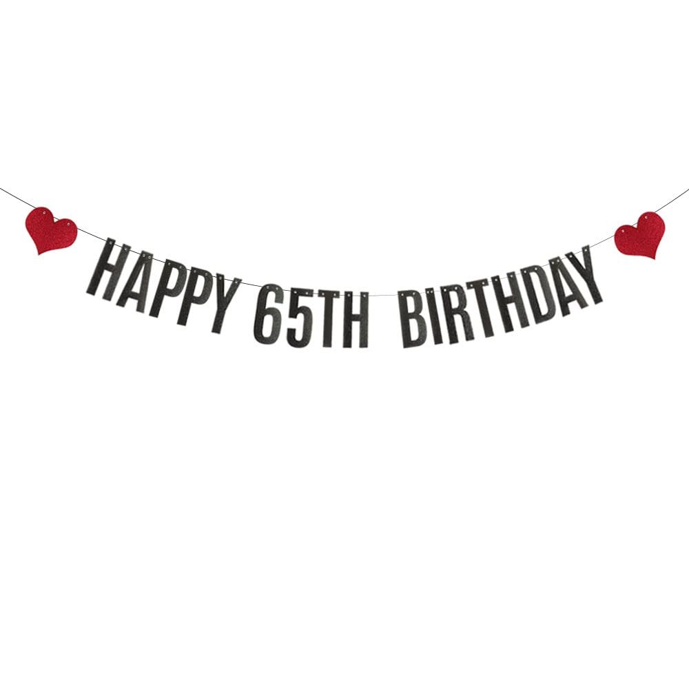 ABCpartyland Black Glitter Happy 65th Birthday Banner,65th Birthday Party Decorations Supplies, Pre-Strung,Letters Black,HAPPY 65TH BIRTHDAY