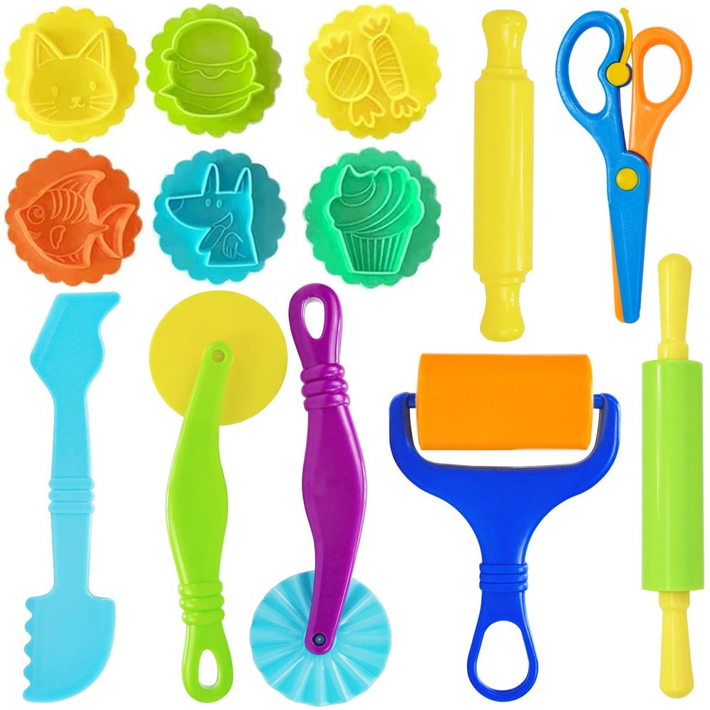 Dough Tools Set for Kids, 13 Pcs Dough Tools Sets for Kids Ages 4-8, Includes Molds Cutters Roller, Rolling Pins, Safety Scissors, Plastic Knife (color02)