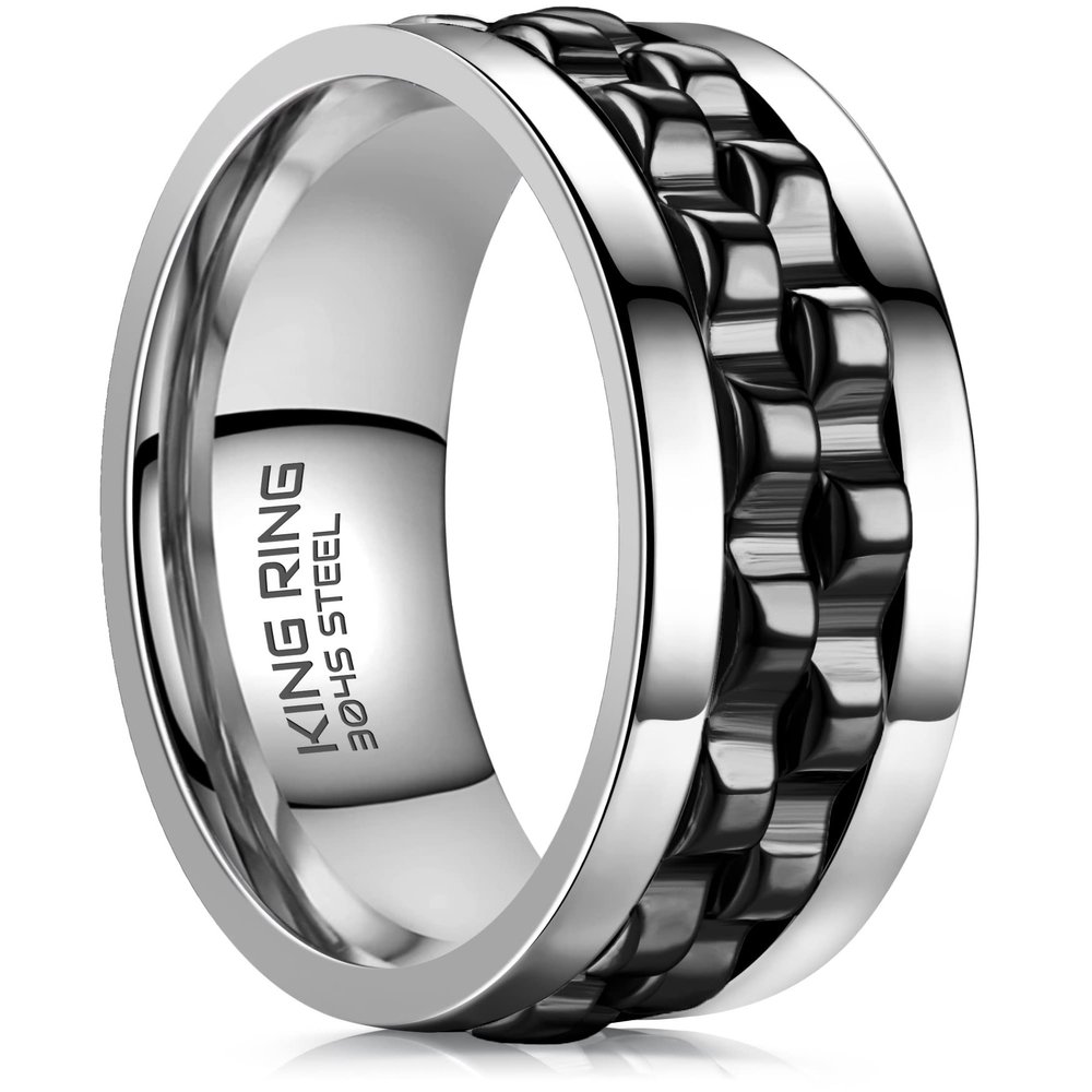 King Ring 8mm Gear Spinner Ring Ultra Polished Men & Women Stainless Steel Fidget Ring K12 Silver Black 12