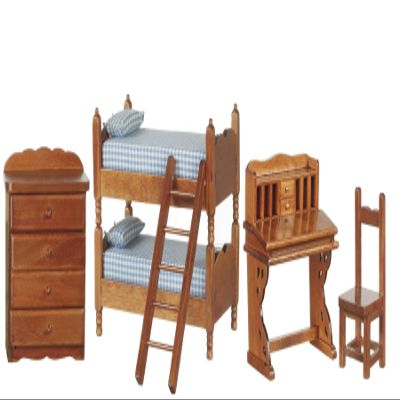 Melody Jane Dollhouse Walnut Bedroom Furniture Set with Bunk Bed & Desk Miniature 1:12