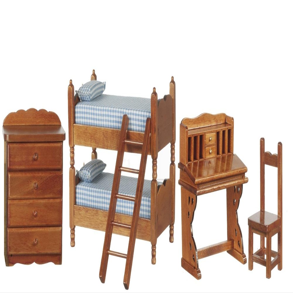 Melody Jane Dollhouse Walnut Bedroom Furniture Set with Bunk Bed & Desk Miniature 1:12