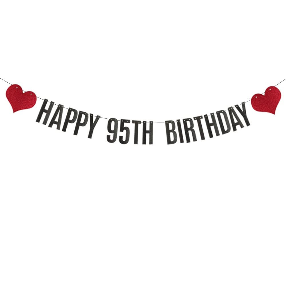 ABCpartyland Black Glitter Happy 95th Birthday Banner,95th Birthday Party Decorations Supplies, Pre-Strung,Letters Black,HAPPY 95TH BIRTHDAY
