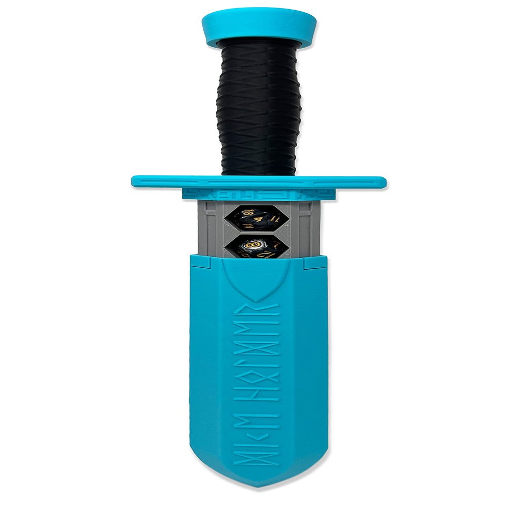 MunnyGrubbers - Sword Dagger Dice Holder - (Random 7PCS D20 Dice Set Included) - Custom Polyhedral Dice Storage for Tabletop RPG - Dungeons and Dragons - DND - D&D (Sky Blue)