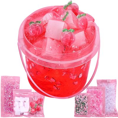 Premade Peach Pink Jelly Cube Glimmer Crunchy Crystal Slime, Includes 6 Sets of Add-ins, Sensory and Tactile Stimulation, Stress Relief, Party Favors for Girls & Boys