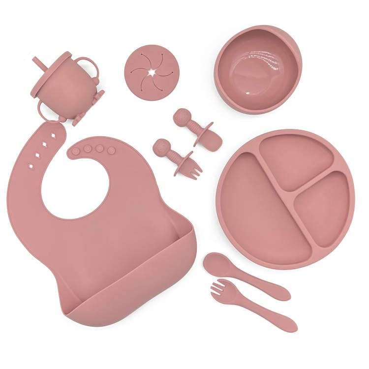 10 Item Set Pink Baby Feeding Starter Set Silicon ecofriendly baby led weaning supplies Baby Suction Bowls, Divided Plates, Straw Sippy Cup, Toddler Feeding Utensils with Bibs, baby spoon, baby plates