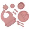 10 Item Set Pink Baby Feeding Starter Set Silicon ecofriendly baby led weaning supplies Baby Suction Bowls, Divided Plates, Straw Sippy Cup, Toddler Feeding Utensils with Bibs, baby spoon, baby plates view 1
