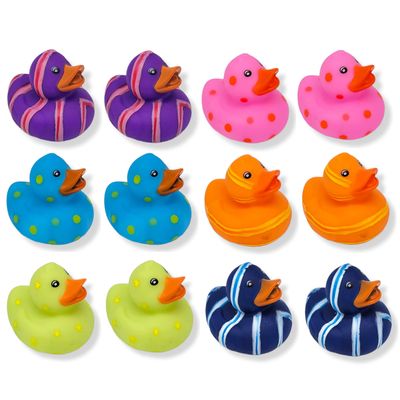 Cool Rubber Ducks (2") Standard Size. (12 Pack) Cute Duck Bath Tub Pool Toys. (Multi-Color Pattern Rubber Duckies)