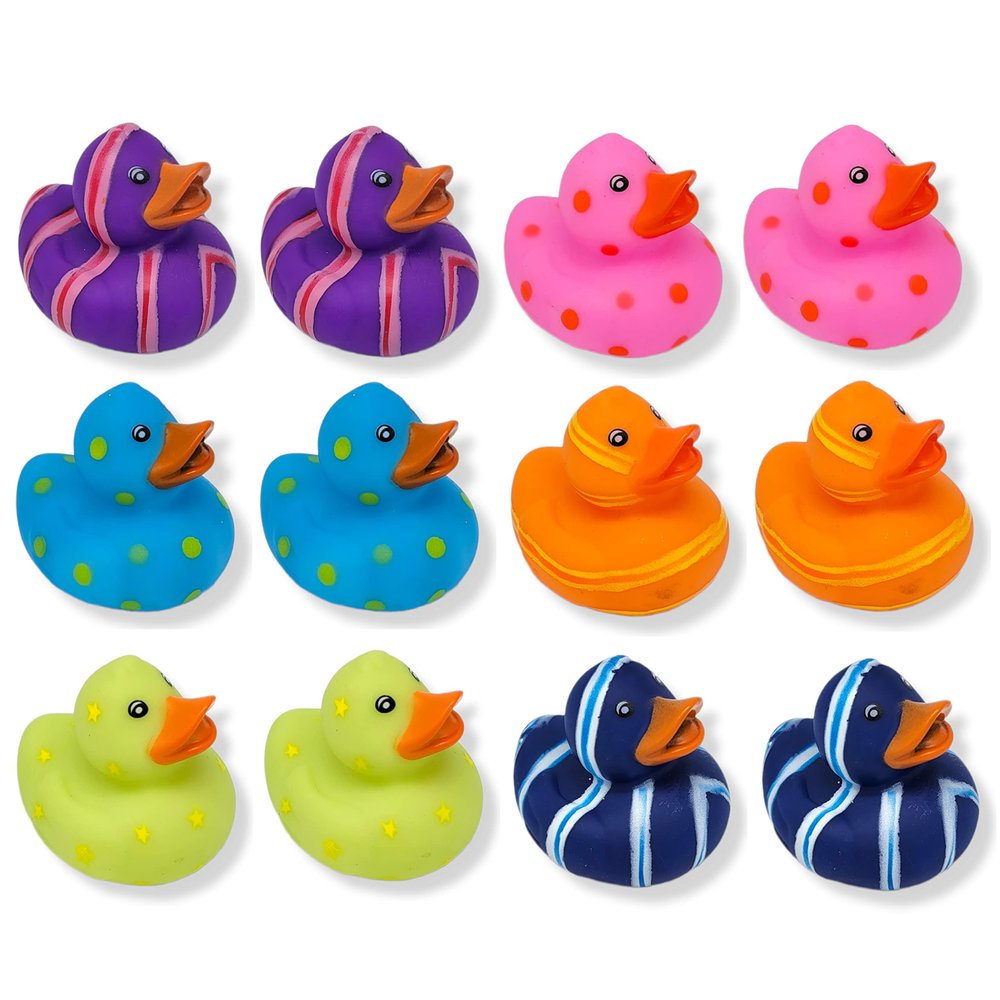 Cool Rubber Ducks (2") Standard Size. (12 Pack) Cute Duck Bath Tub Pool Toys. (Multi-Color Pattern Rubber Duckies)