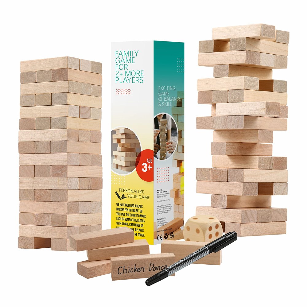 Wooden Tower Stacking Blocks Game - 48 Pieces - Tumbling Tower Toy for Kids & Adults - Classic Family Game