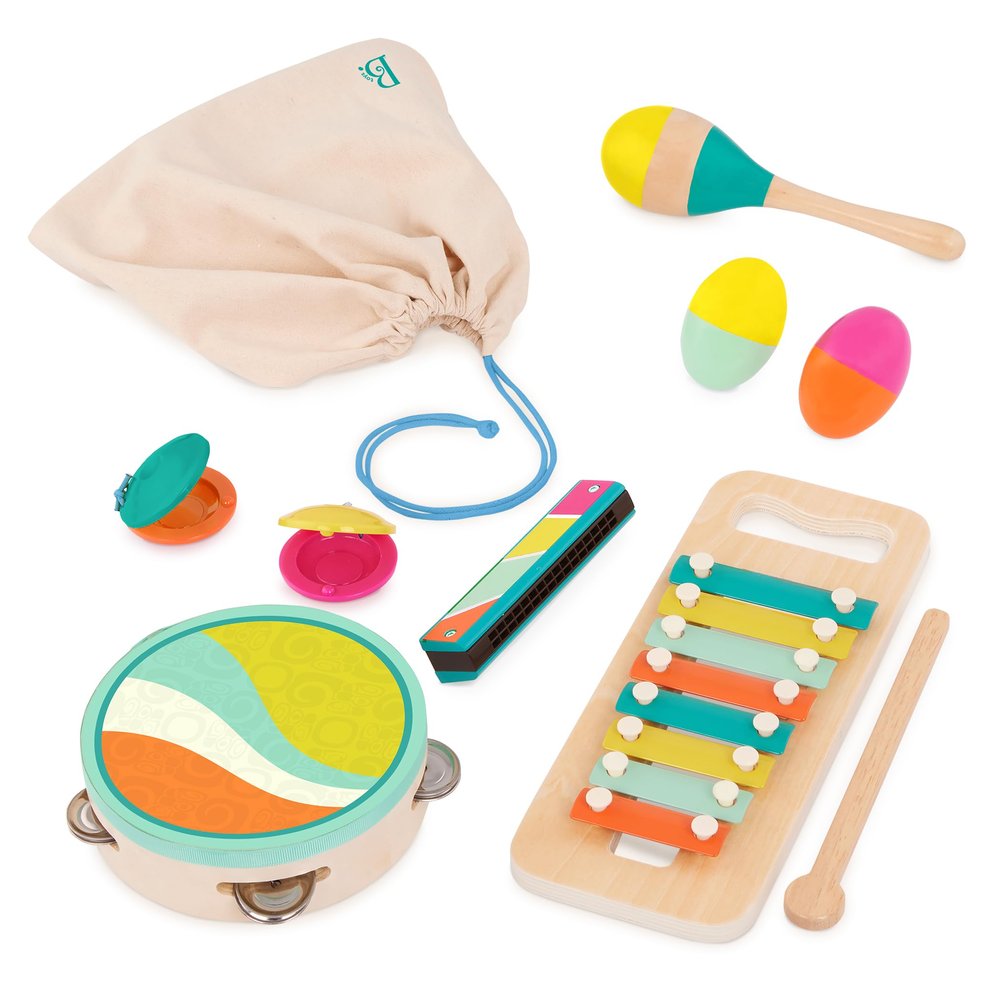 B. toys  Make a Melody  9 Pieces Wooden Musical Instruments  Xylophone, Tambourine, Harmonica  Drawstring Storage Bag  2+ Years