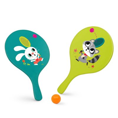B. toys Bounce & Play Paddle Set Sports & Outdoor Paddle Ball Game 2 Colorful Paddles & 1 Ball Active Play for Kids, Toddlers 3+ Years