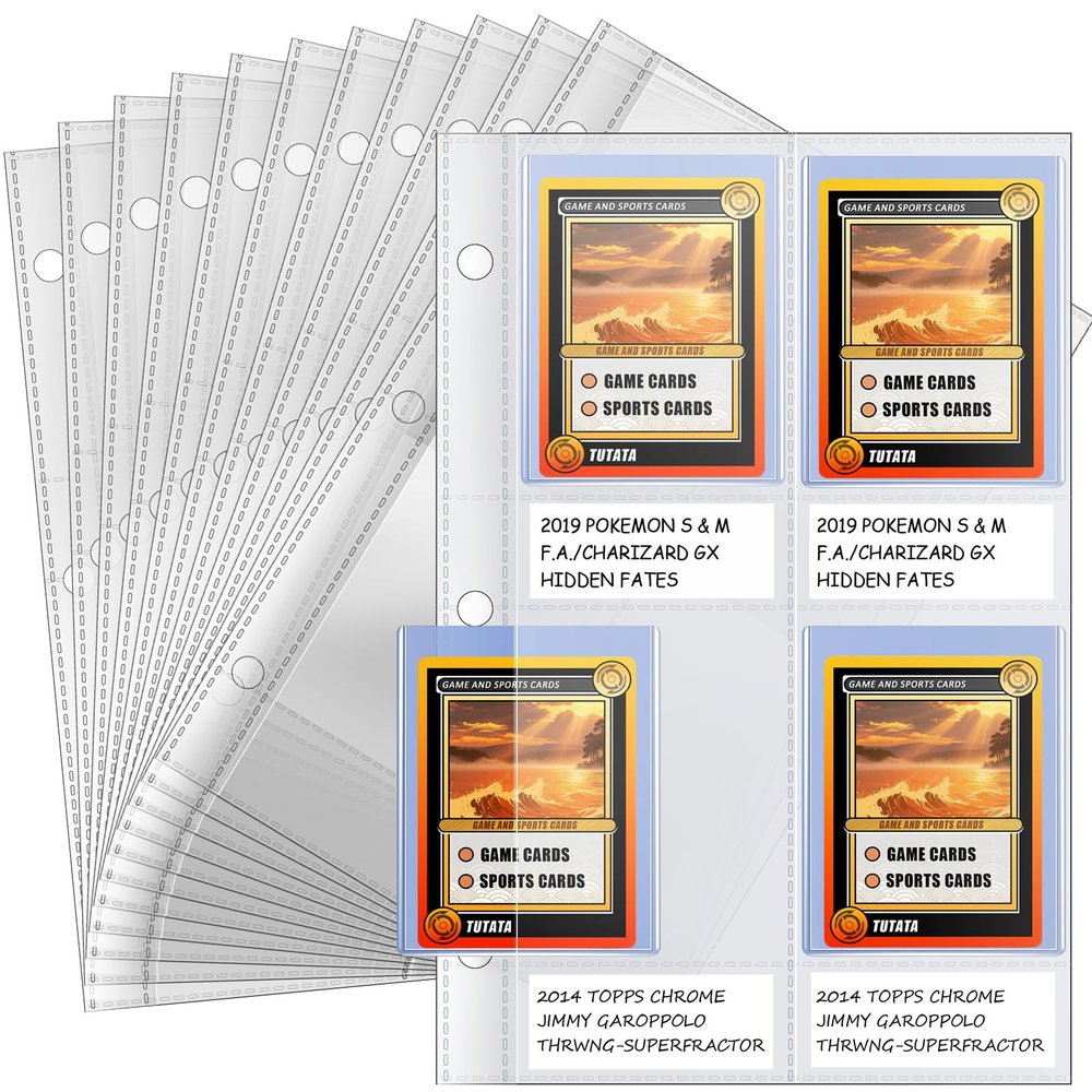 4 Pocket Top Loader Sleeves, Trading Card Binder Pages, Baseball Card Storage Sleeves for 3 Ring Binder-50 Pages