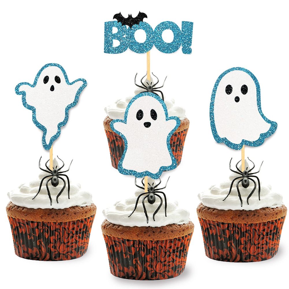 24 Pack Glitter Halloween Ghost Cupcake Toppers - Baby Shower Decor Gender Reveal Decorations (Blue)