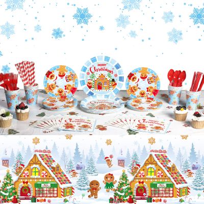 194 Pcs Merry Christmas Party Supplies for 24 Guests Gingerbread Christmas Tableware Set Includes Disposable Paper Plates Napkins Cups Straw Plastic Tablecloth Cover Knife Fork Spoon Xmas Decorations