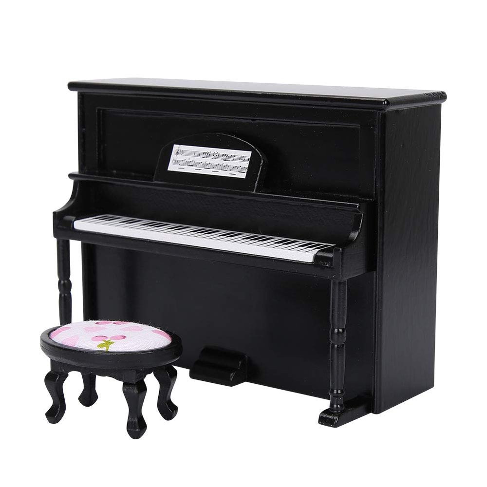 1:12 Mini Upright Piano, Miniature Dollhouse Piano with Stool Doll House Mini Piano Model Toy Furniture Black