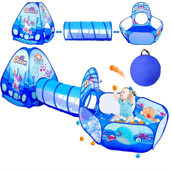 3 in 1 Kids Play Tent with Play Tunnel, Ball Pit, Toddler Pop Up Playhouse Toy for Baby Indoor Outdoor