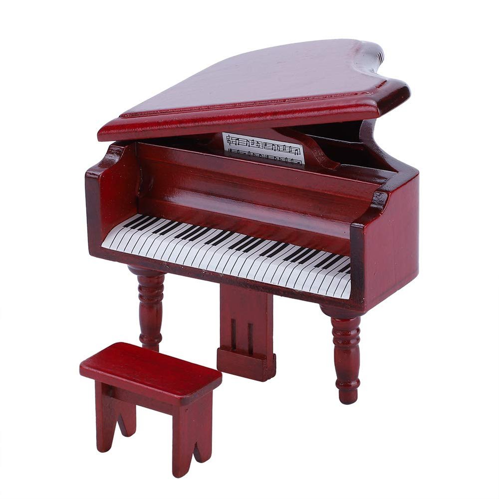 Mini Simulation Wooden Grand Piano with Stool for 1:12 Doll House Furniture and Accessory Red Doll Accessories